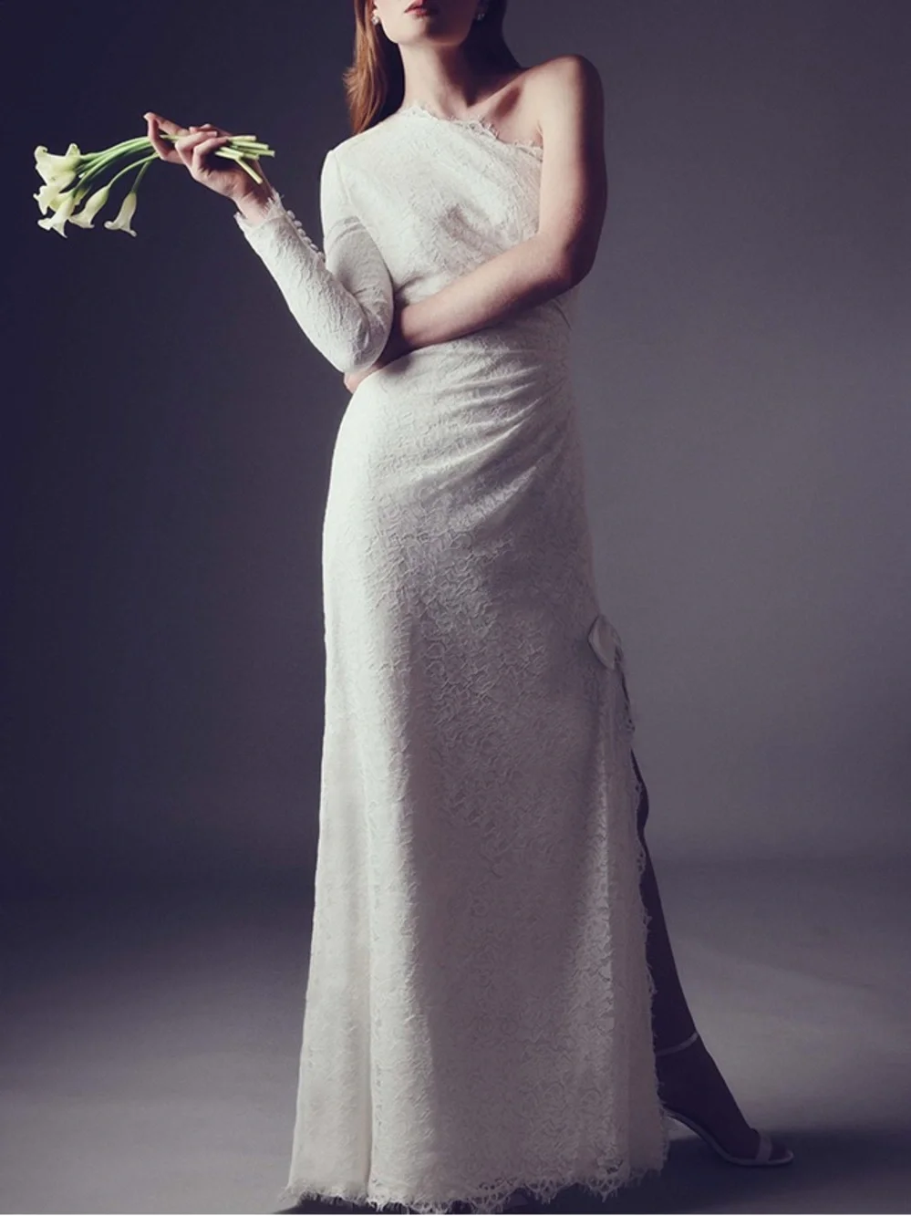 House of Renhue Bruni One-Shoulder Ivory‎ Lace Wedding Gown Drop Waist Size 8